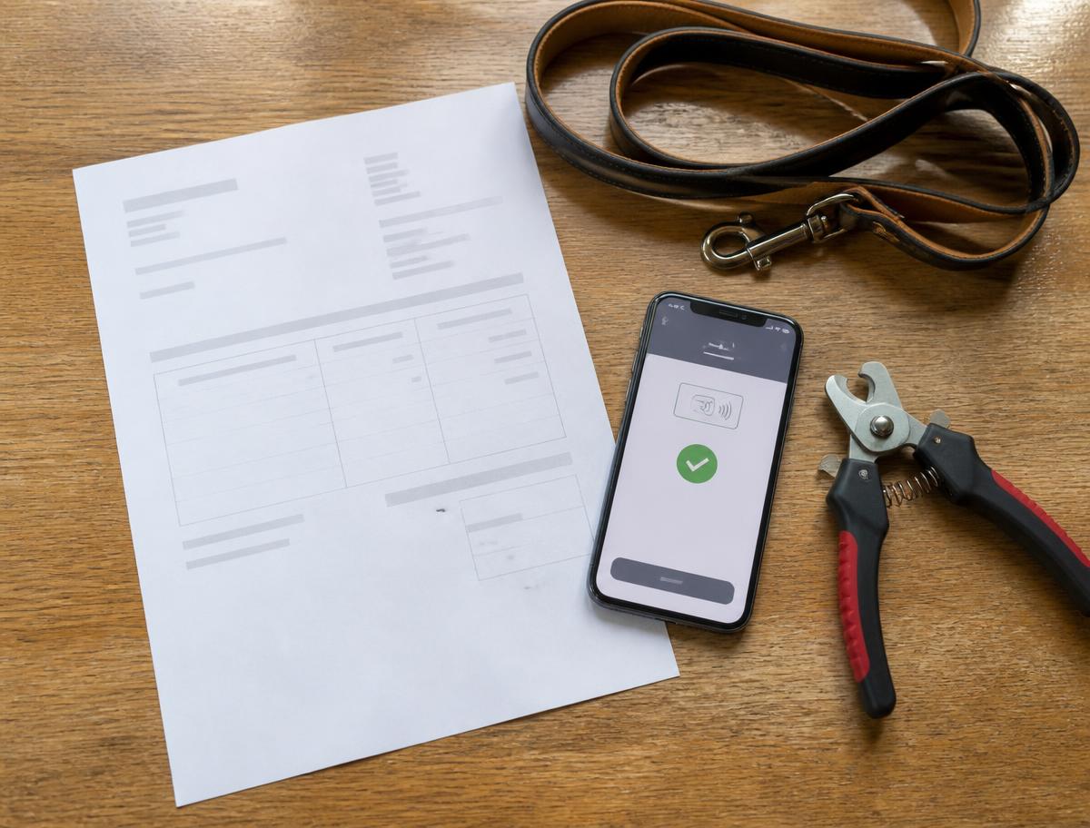 A printed invoice beside a phone showing a completed payment, a dog lead and grooming clippers