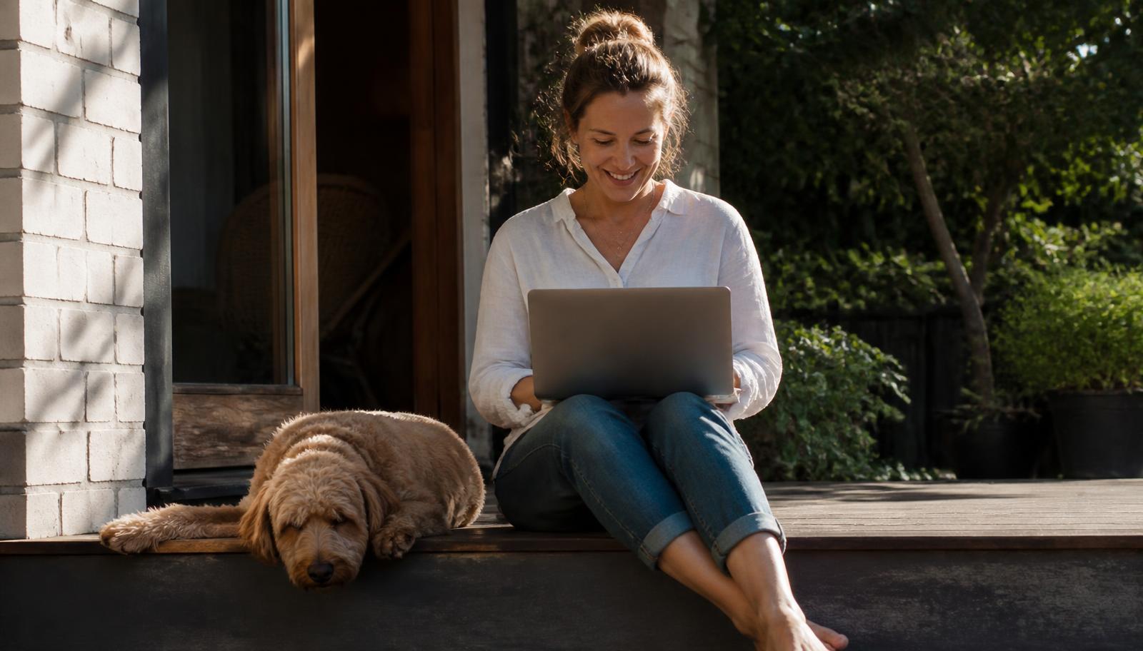 A pet business owner working on a laptop on her back step with her dog beside her