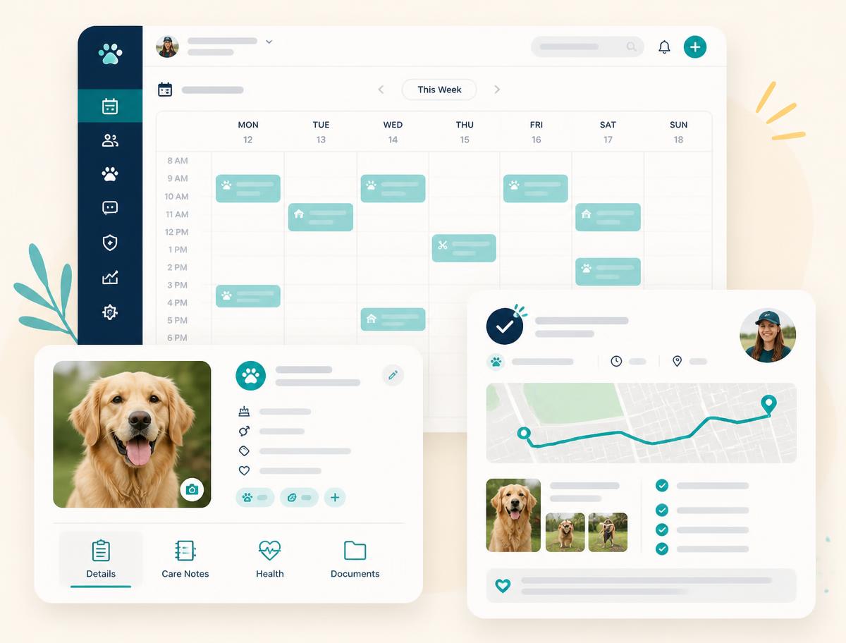 PetBiz weekly booking calendar with a dog profile and a completed walk report
